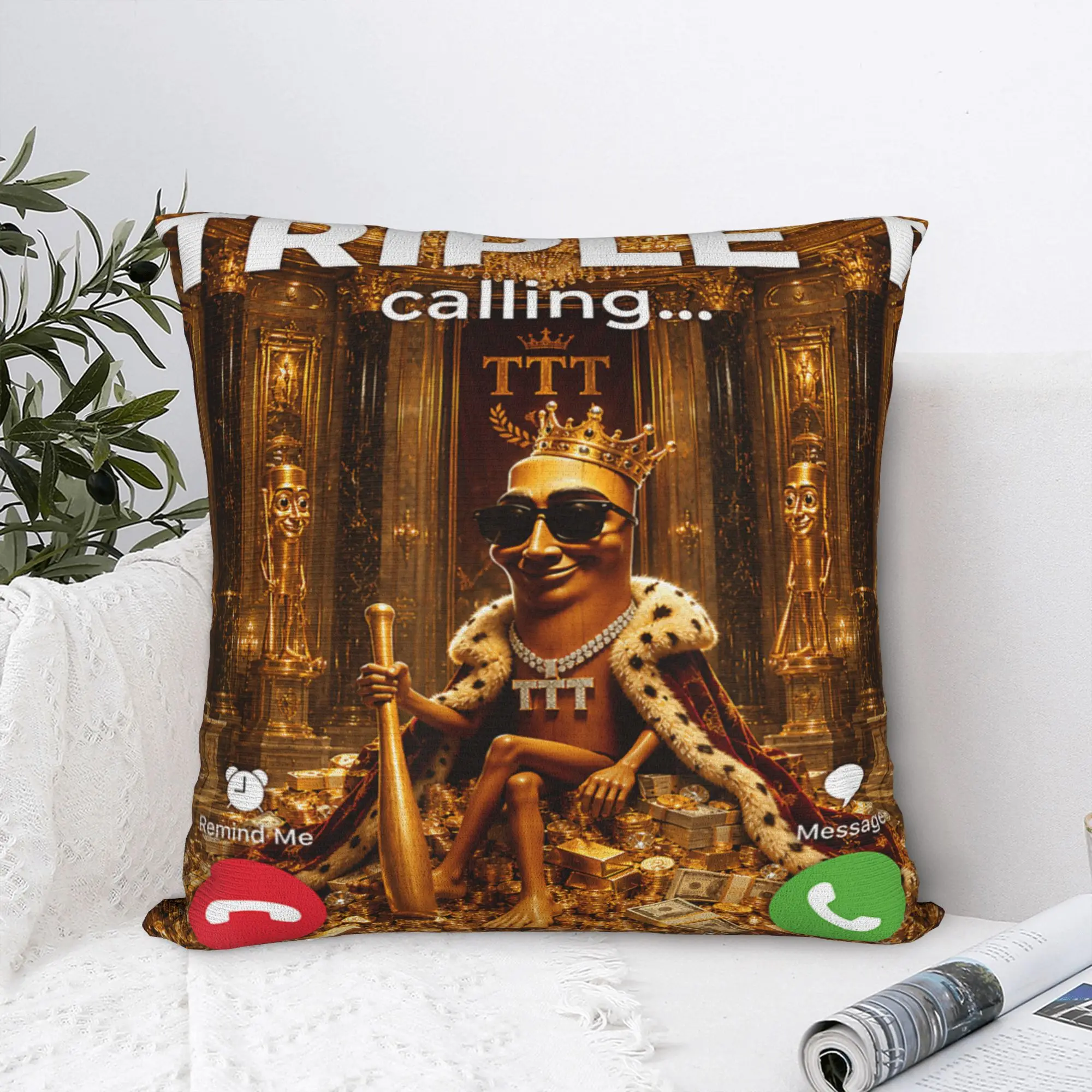 King Triple T Meme Phone Calling Tung Sahur Golden Chamber Pillow Cover Pillow Case For Living Room Chair Print Cushion Cover