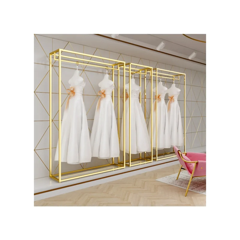 CustomHeavy Duty Gold Wedding Dress Clothes Display Rack Stand Shelf For Retail Boutique Wedding Bridal Store Furniture