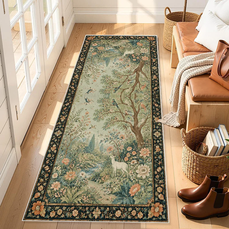 Retro Woodland Scenery Floor Mat Ornate Border Nature Wildlife Botanical Art Decor Rug for Indoor Home Corridor