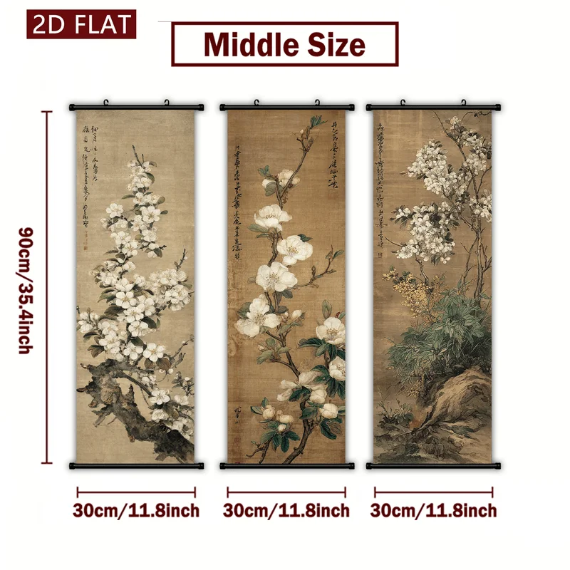 VIKAMA Chinese White Blossom Floral 3 Piece Wall Scroll Tapestry Set Silk Flower Wall Art Decor for Living Room Bedroom Gift