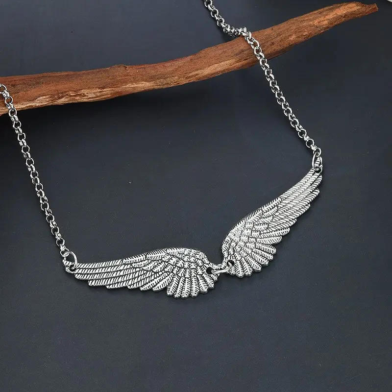 Vintage Silver Color Angel Wings Feather Choker Pendant Link Chains Statement Necklace for Women Wedding Tribal Gifts