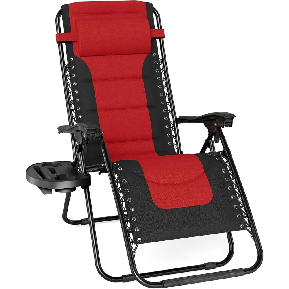 

Oversized Padded Zero Gravity Lounge Chair Folding Patio Recliner with Adjustable Headrest & Cup Holder, Support 350 LBS (Red)