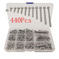 440Pcs/Box M3 (3mm) 304 Stainless Steel Screws And Nuts Assortment Kit Hexagon Hex Allen Socket Cap Head Screw Bolt Nut Set