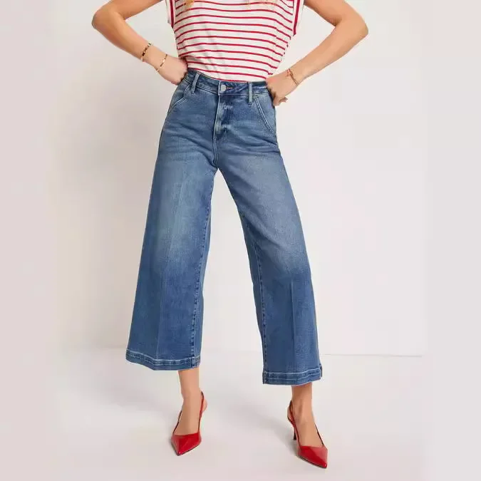 Jeans Wide Leg Pants Women Distressed High Waist Washed  Streetwear Vintage Basics Ankle Length Trousers Straight Denims