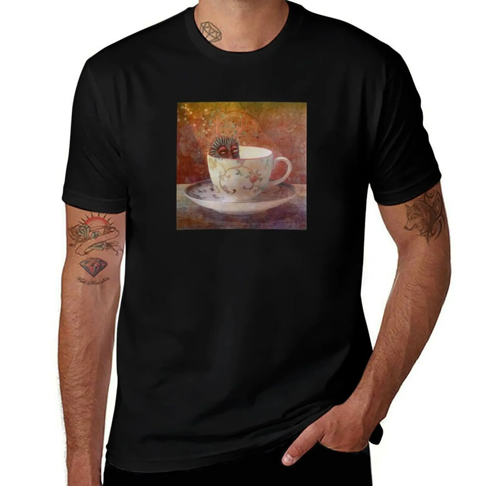 Thoughtful Monster in a Teacup T-Shirt Big Size Short Sleeve Tee for Men