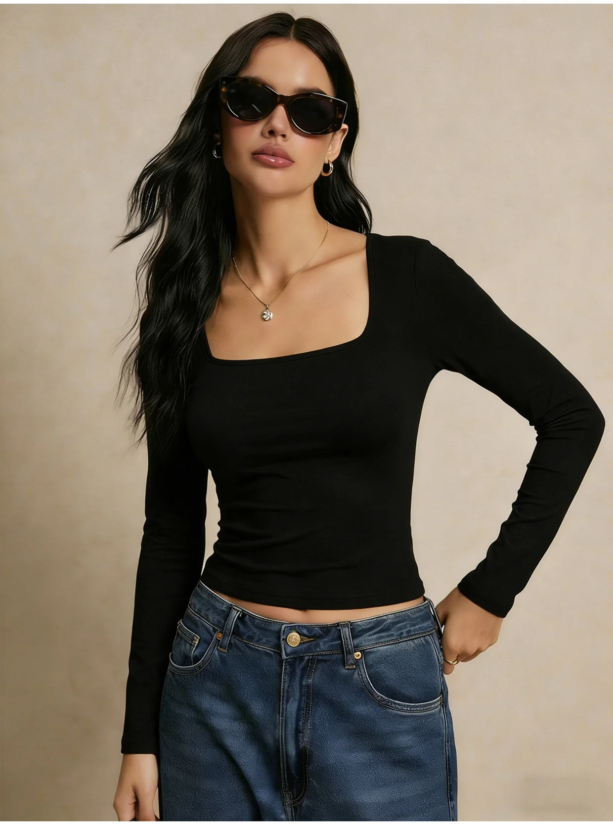 Women's long-sleeved shirt exposed top autumn fashion solid color square collar basic T-shirt Y2k clothing