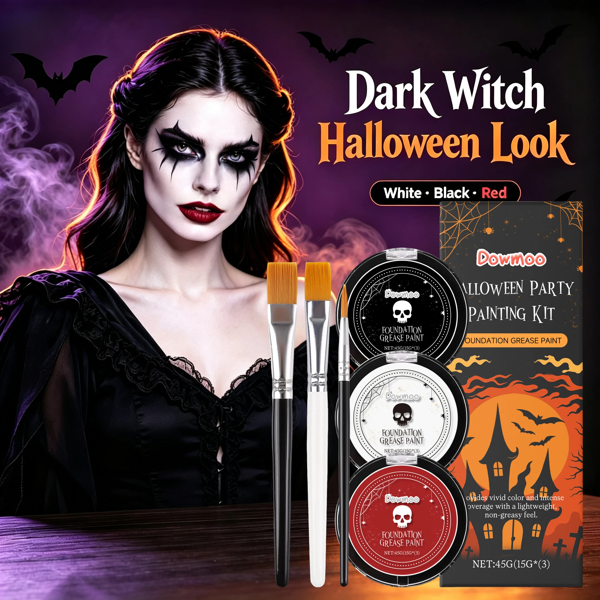 3 Colors Halloween Face Body Paint With Brush Kit Face Body Paint Palette Set Hydrating Grease Paint for SFX Skull Vampire Clown