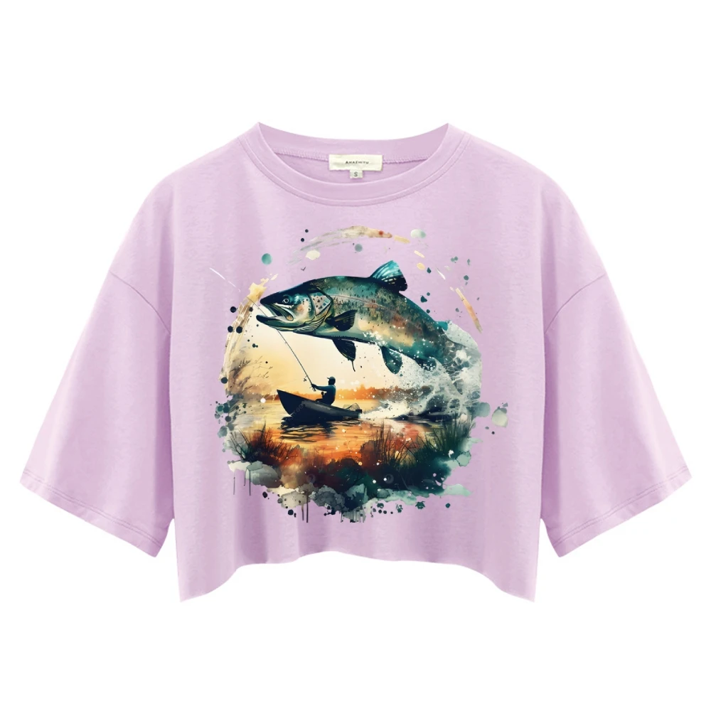 Trend, bijgesneden T-shirt, Y2K grafisch T-shirt, oversized dames T-shirt, schattige handgeschilderde vis, Koreaanse stijlkunst, zomer 2025, top