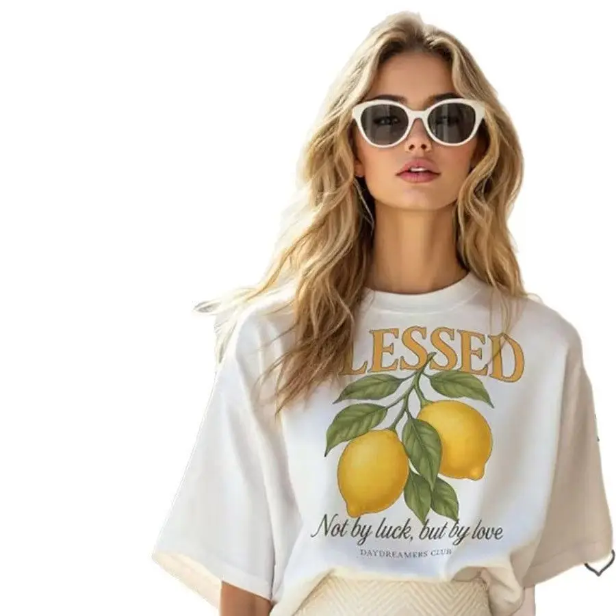 Lemon Fruit Print T-shirts Cotton Women Graphic Tops Vintage Aesthetic Botanical Streetwear Shirt Summer Clothes Oversized Tees