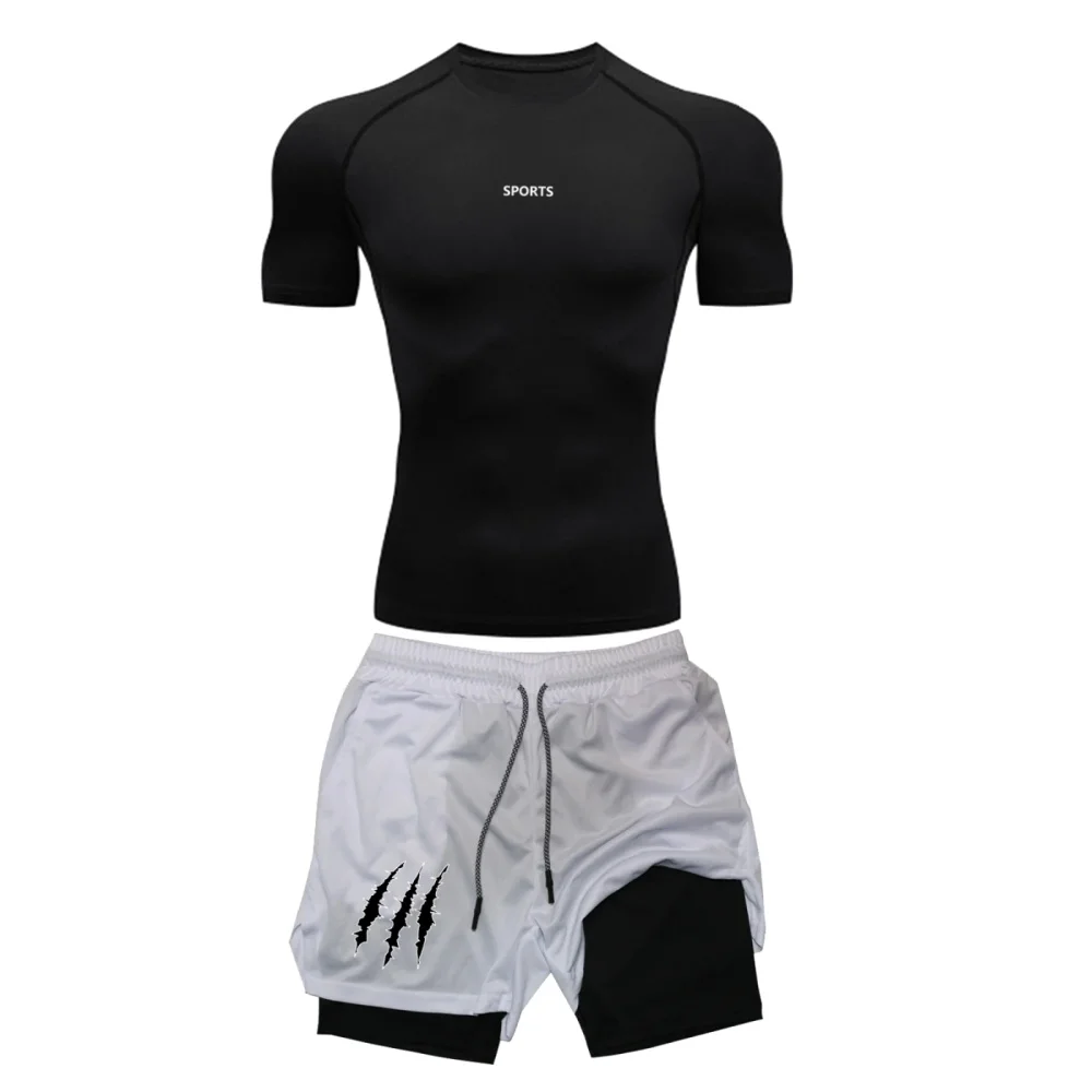 2025 Elastic Quick Dry Tight Workout Sets Compression T Shirt+2 in 1 Shorts Sets Zip pocket Sportswear Athletic Wear Men Summer