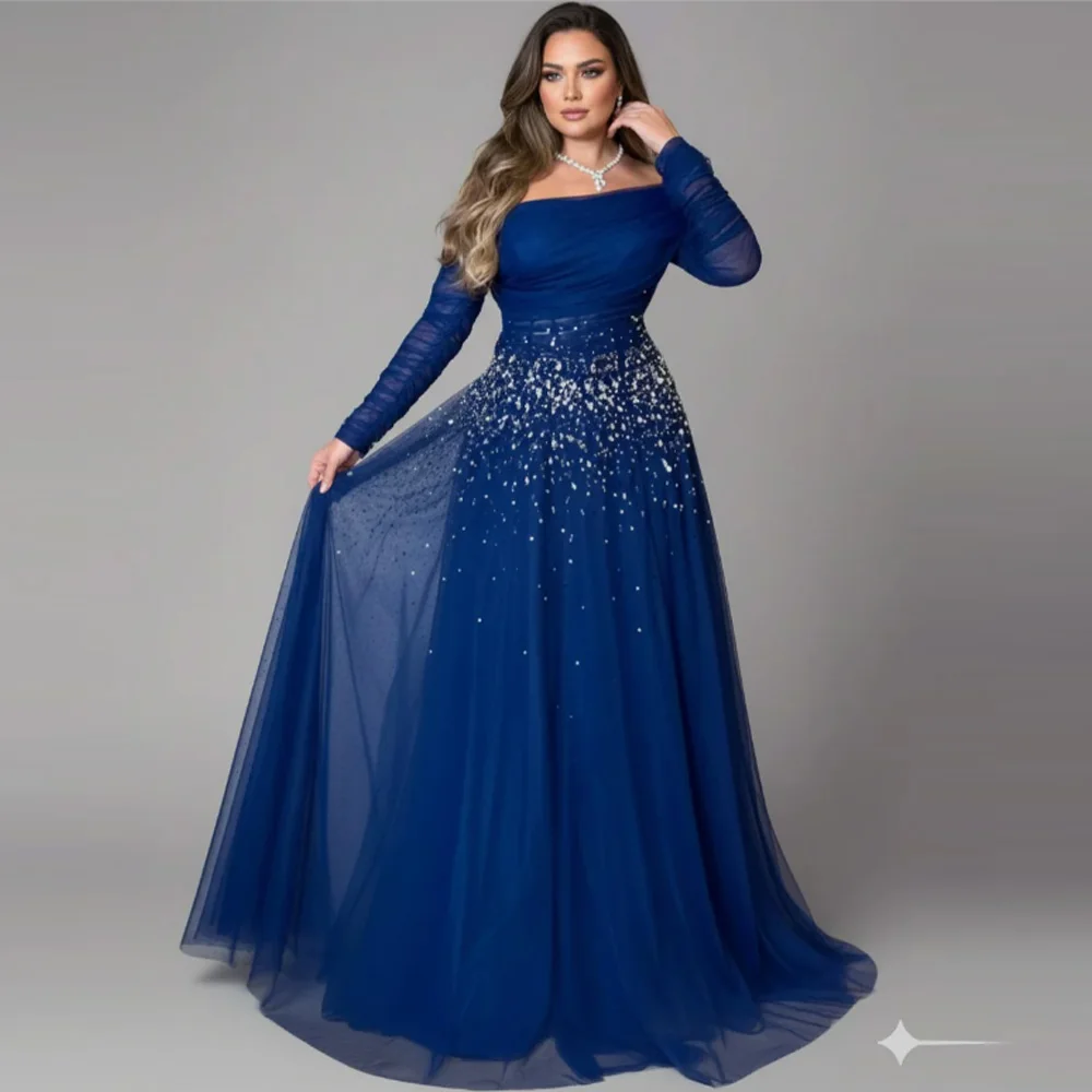 

Customized Prom Dress High Quality Sequin Off the Shoulder Empire Party Dress Floor Length Long Ruched Formal Evening Gowns