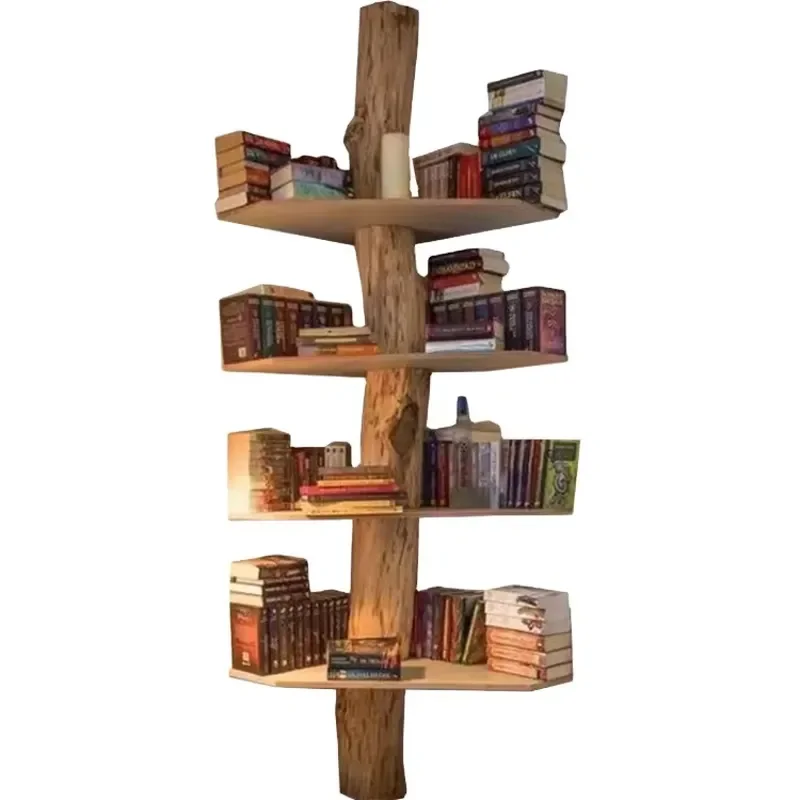 Solid Wood Tree Bookshelf Creative Corner Floor to Ceiling Display Shelf Decorative Storage Rack for Living Room Home