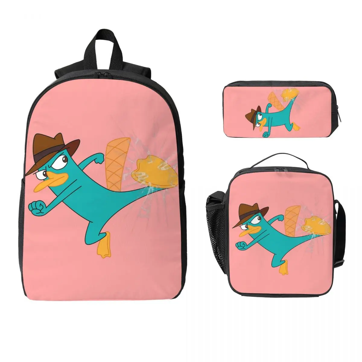 

Perry The Platypus Cartoon Backpack Boys Girls BookBag School Bag Computer Shoulder Bags 3ps Insulated Lunch Bag Pencil Case