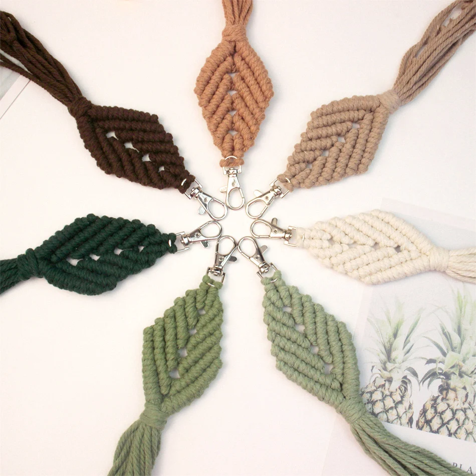 Handmade Woven Large Leaf keychain Macrame Kit With Tutorial For Beginners Hand DIY Leaf Tassel Key Chain Lanyard Pendant Craft