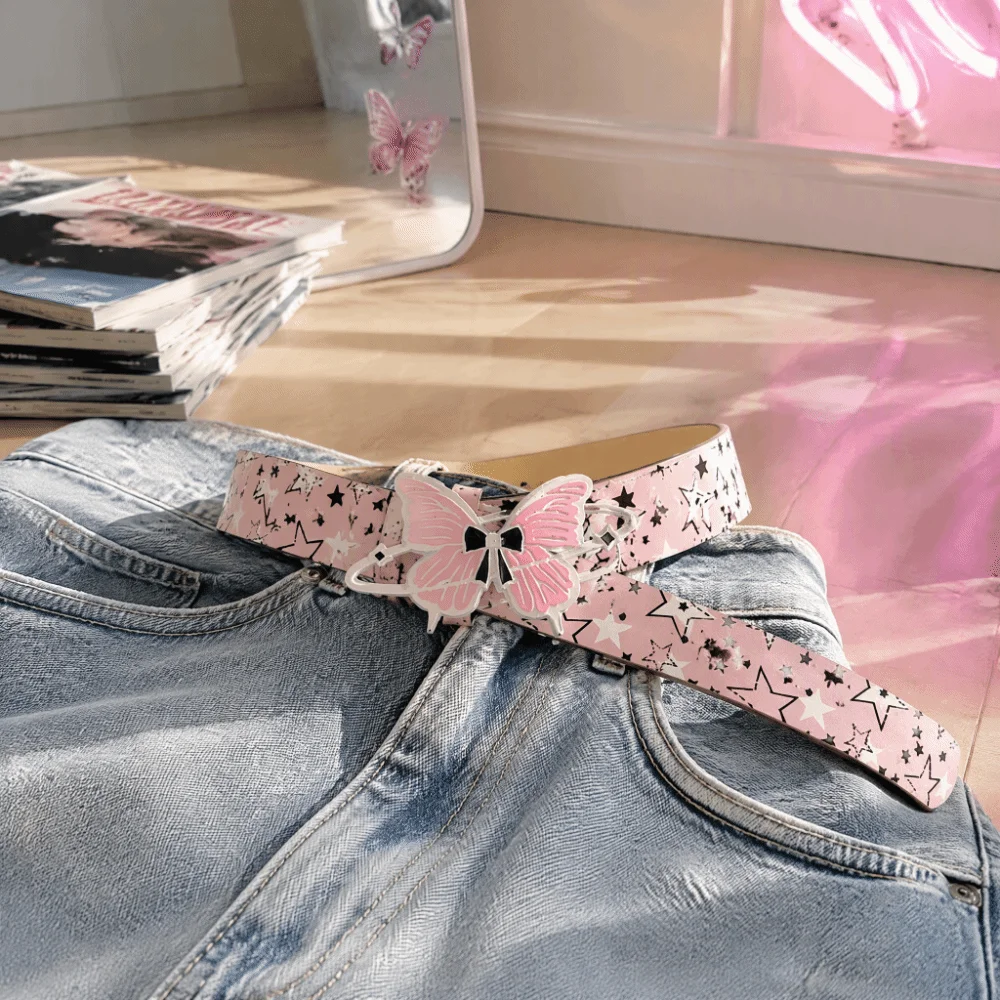 Smooth Surface PU Women Belt Alloy Butterfly Buckle Waist Strap Star Pattern Y2K Style Dress Belt Party Occasion