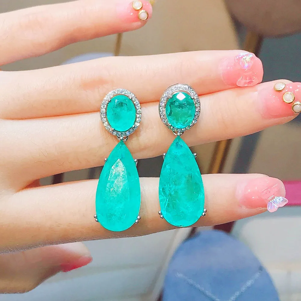 Silver Color Retro Large Water Drop Earrings for Women Simulation Paraiba Tourmaline Emerald Wedding Big Earrings Jewelry