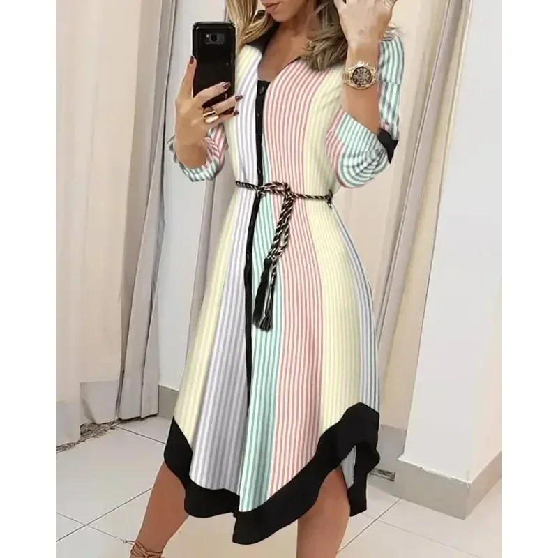 Summer Commuter Elegant Women's Dress Long sleeved Lapel Fashion Stripe Print Lace up Dress Casual Holiday Party Dress