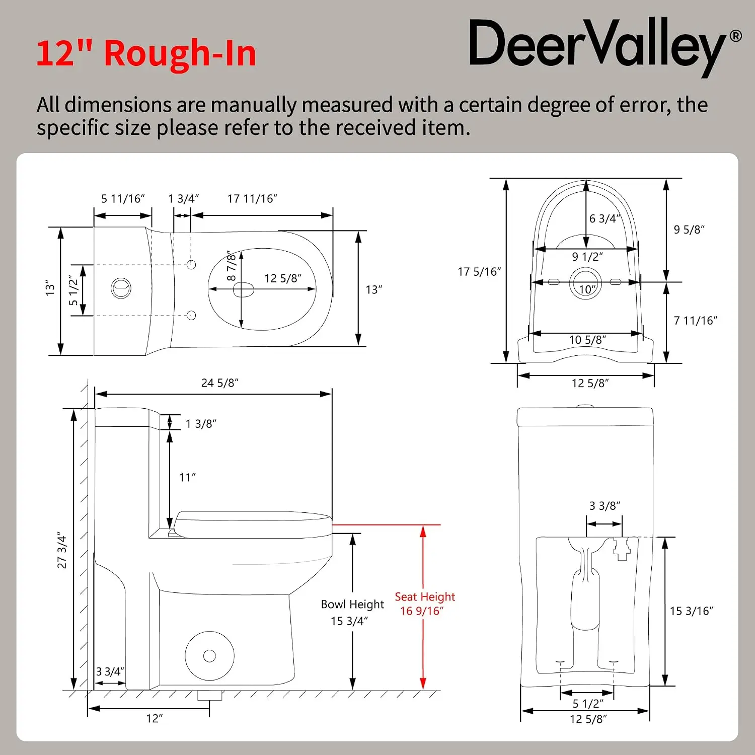 Compact One Piece Toilet Standard Seat Height for Small Bathroom Dual Flush 1.1/1.6 GPF Powerful and Quiet 12'' Rough-In Skirted