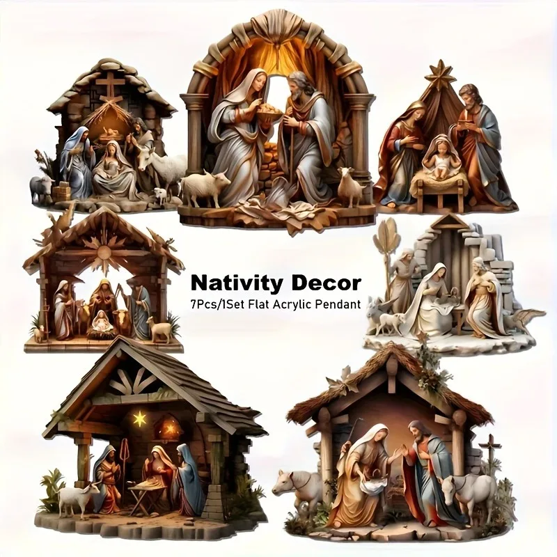 7Pcs Christmas Decoration Pendant Set, Flat Acrylic Design Nativity Scene Pendants, Christmas Tree Window Wall Ornaments