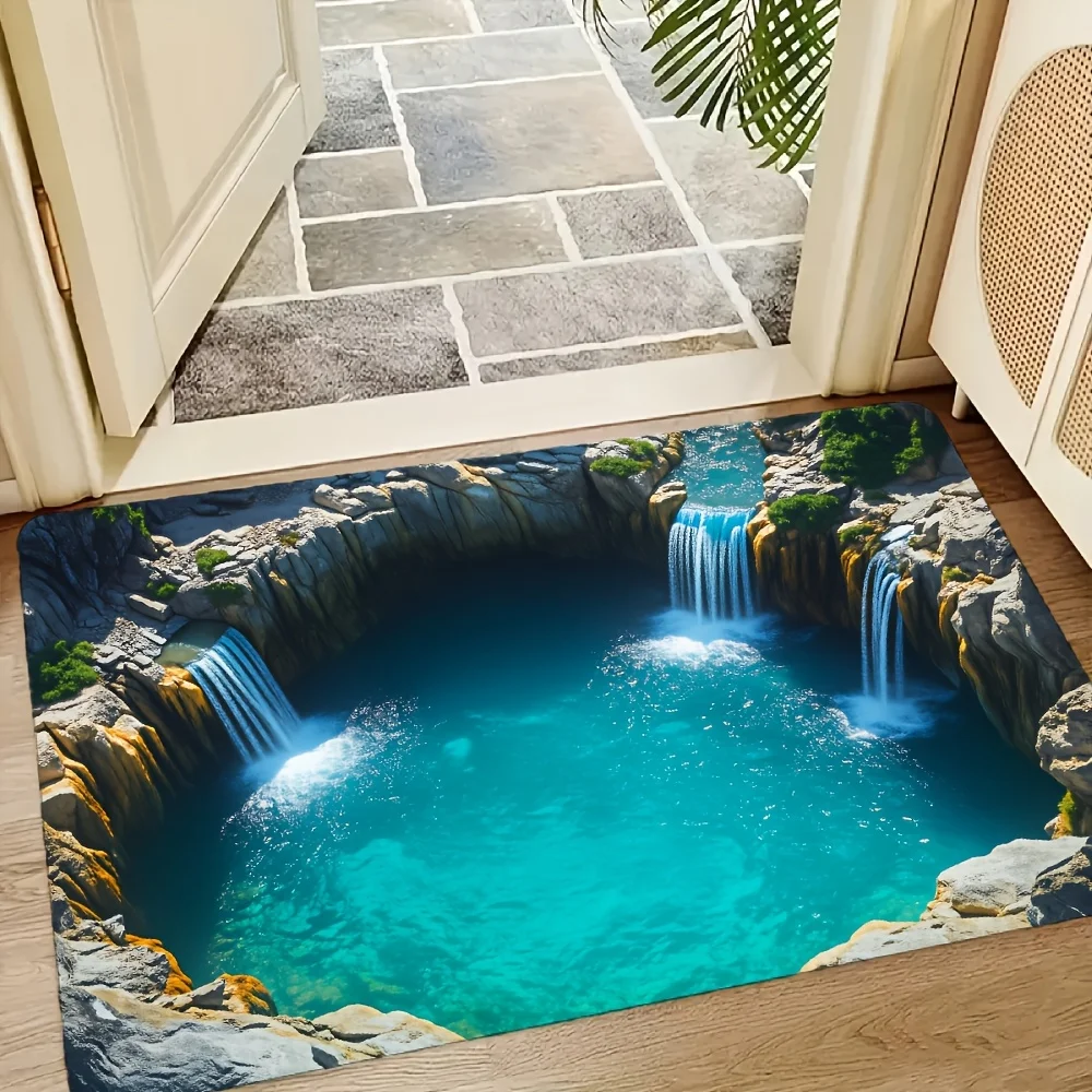 2D Flat Waterfall Pool Cliff Edge 3D Illusion Flannel Door Mat Non Slip Nature Scenery Rug For Entryway Bathroom Floor