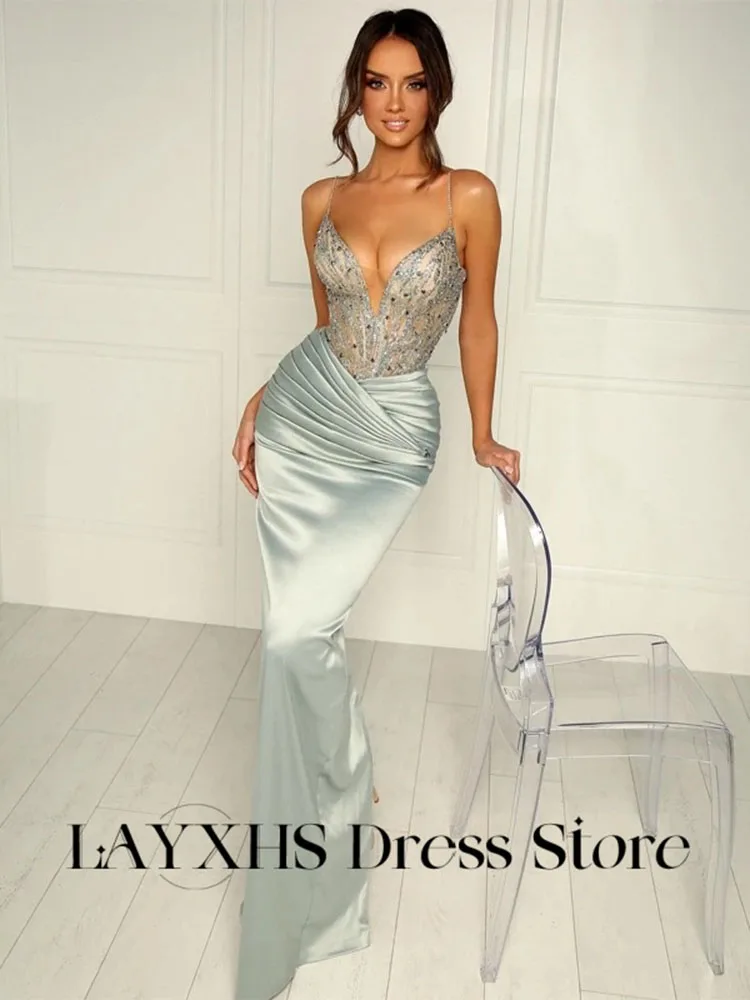 LAYXHS Sexy Spaghetti-Sraps V-Neck Evening Dresses Mermaid Shiny Beaded Pleat Party Prom Dress Customized فستان سهرة نسائي