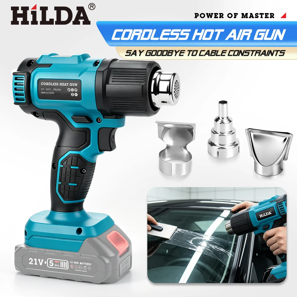Pistola de aire caliente inalámbrica HILDA con boquilla para encoger plástico, soldar PVC, remover pintura, manualidades, reparaciones, compatible con batería Makita