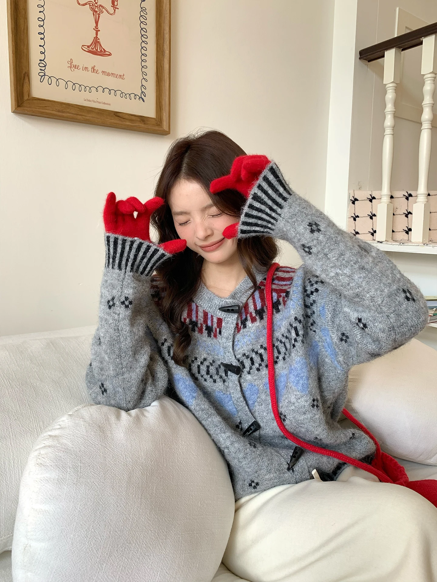 

ay Fair Isle Button-Up Open Cardigan Sweater Women's Loose Slimming Design Spring 2026 Korean Sle Long Sve Warm Top