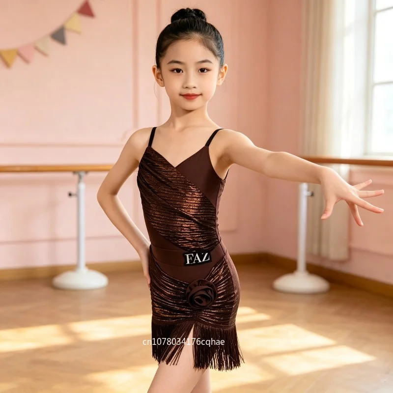 

Girls Brown Latin Dance Suit Summer Sleeveless Bodysuit Skirt Set Girls Cha Cha Salsa Ballroom Dance Training Practice Costume