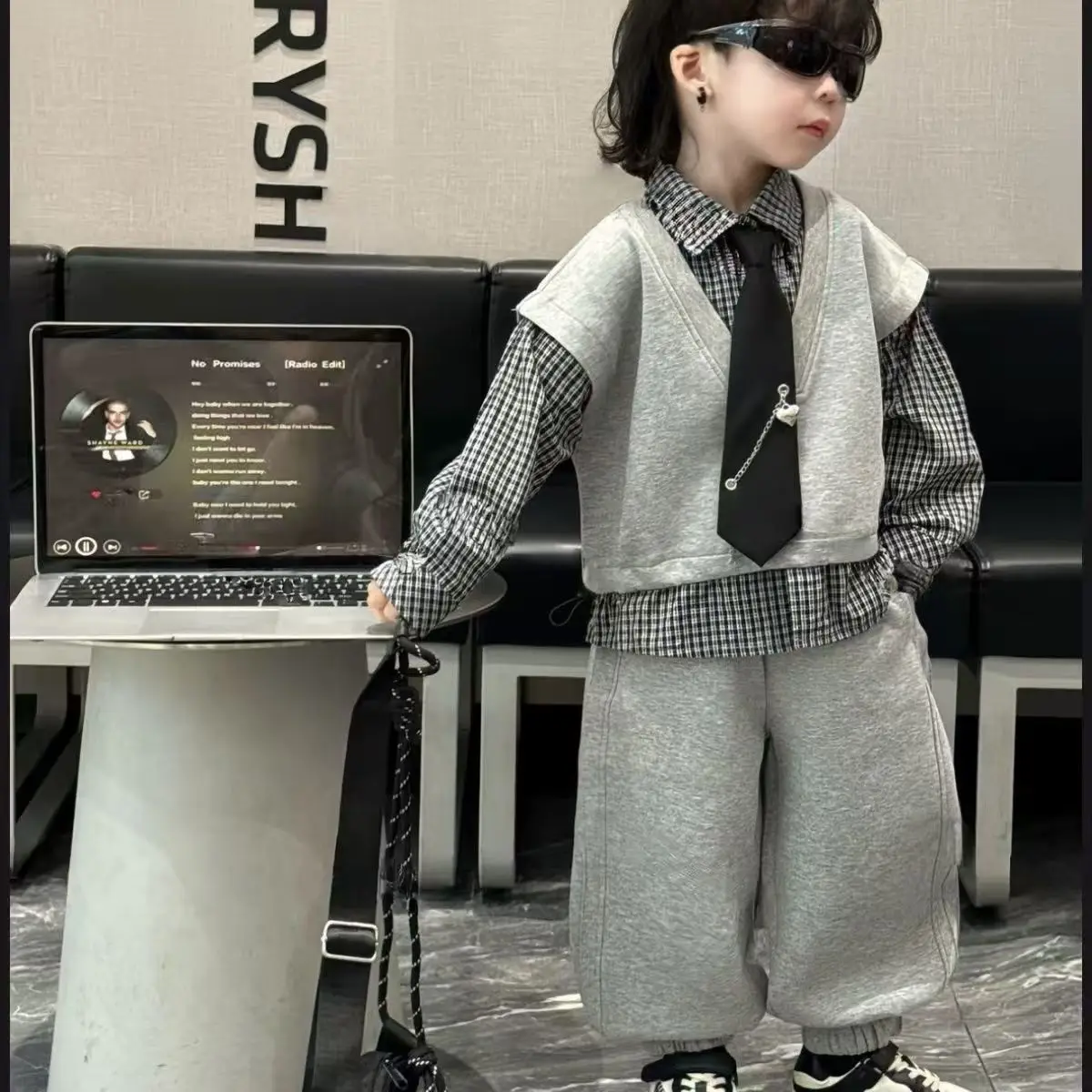 3 PCS set Spring Autumn Boys Clothing set Casual Vest Grid Shirts Pants Tie Kid Children baby toddler Handsome clothes