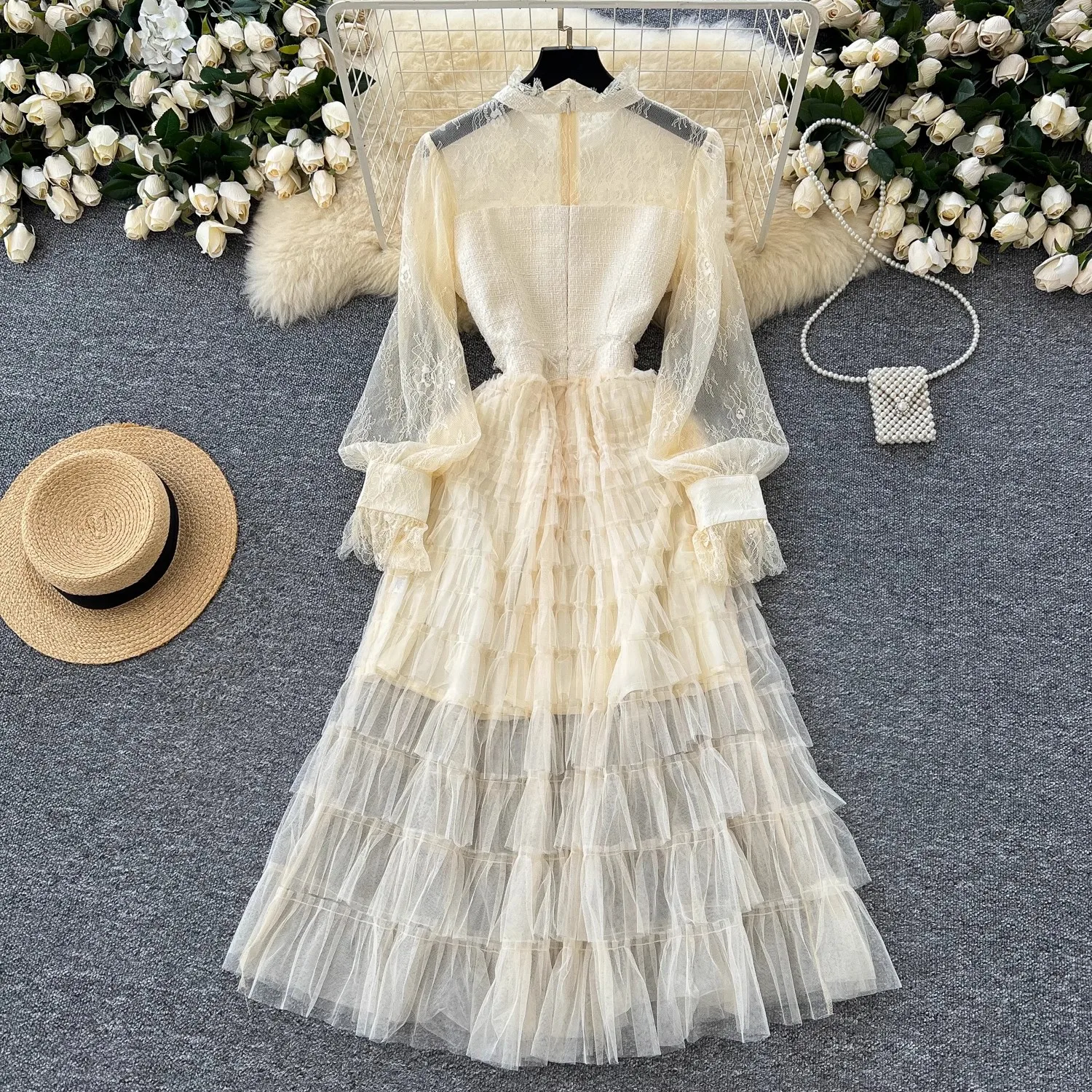 High Quality Spring Autumn Lace Patchwork Tweed Tassel Cake Midi Dress For Women Stand Collar Diamonds Button Party Casual Dress