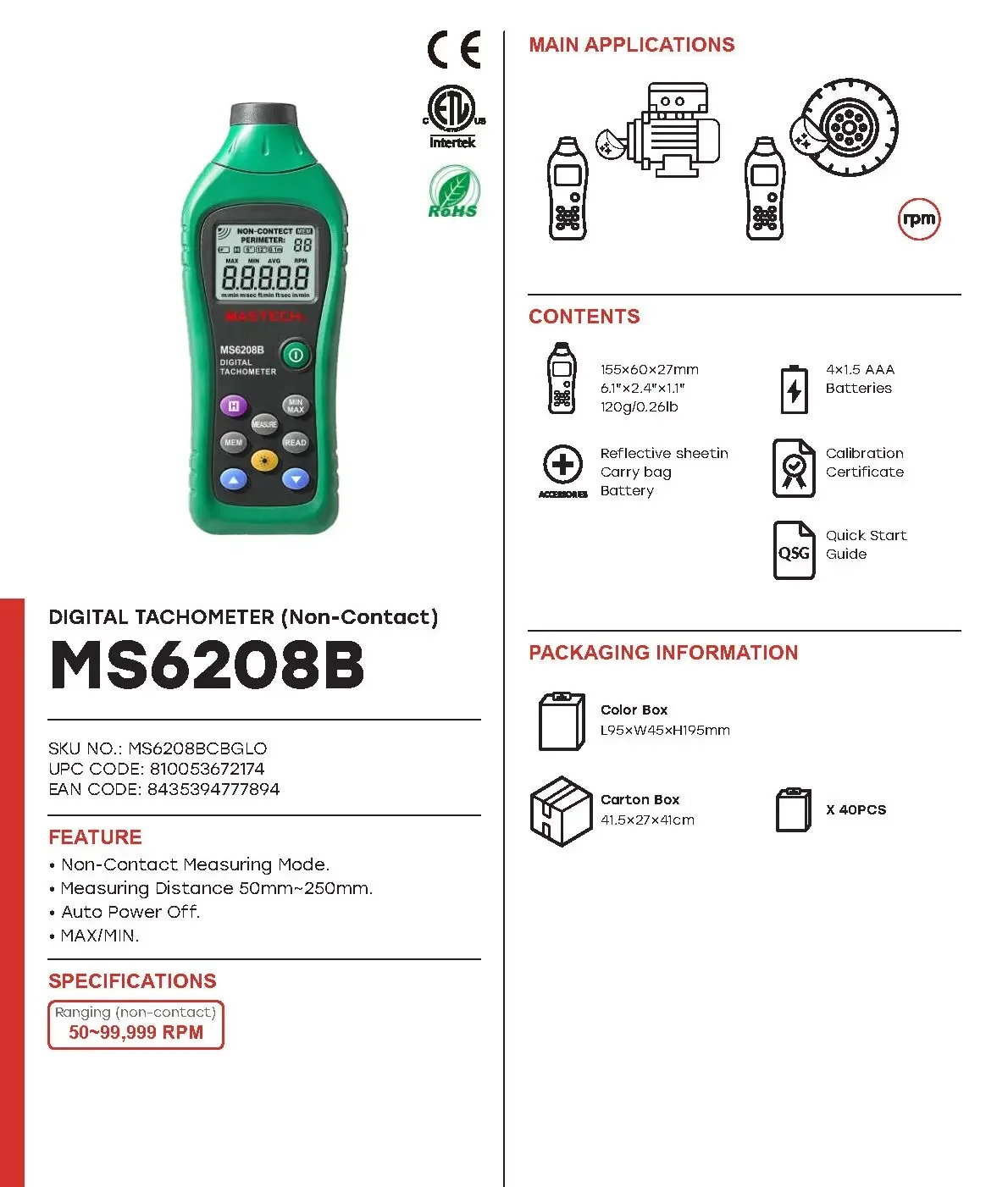 MASTECH MS6208A/B Environmental Meters Tachometers LCD Display Contact Type Digital Tachometer RPM Meter Speed 50-19999RPM