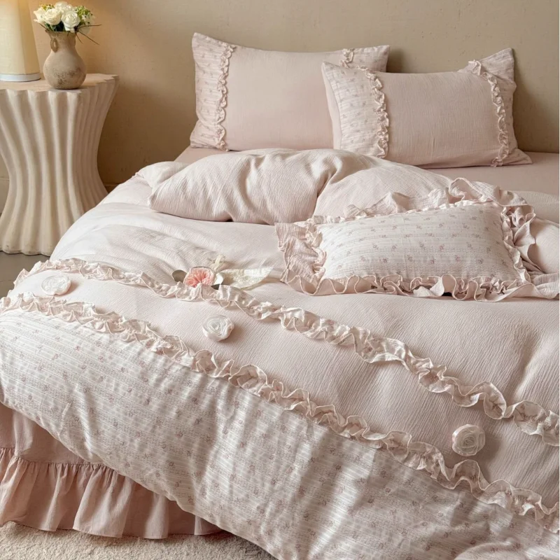 French gentle girl cotton double yarn four-piece set, pure cotton gauze soft and sweet princess style quilt cover bedding