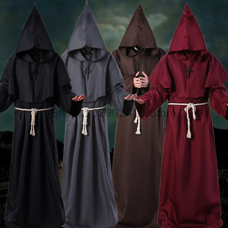 

Halloween Medieval Hooded Robe Plague Doctor Costume Mask Hat for Men Monk Cosplay Steampunk Priest Horror Wizard Cloak Cape