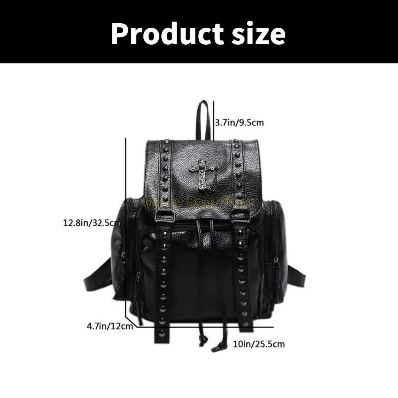 X90D Casual School Bag PU Leather Backpack dengan Rivet Detail Esthetic Rucksack