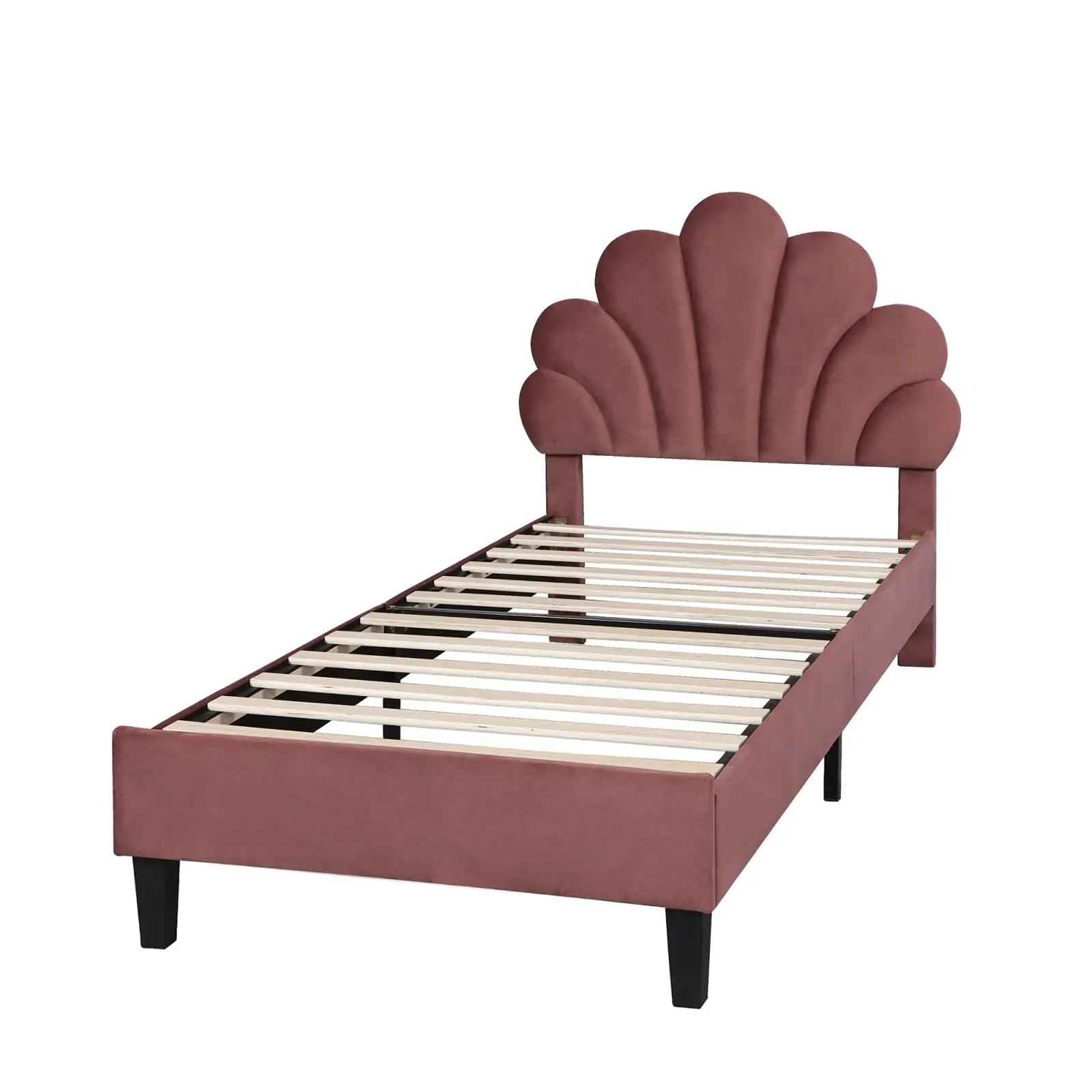 Fangange Kinderbed Eenpersoonsbed 90x200cm Gestoffeerd bed met bloemblaadjesvormig hoofdeinde Fluweel Stof Meisjesbed Beige/Rood