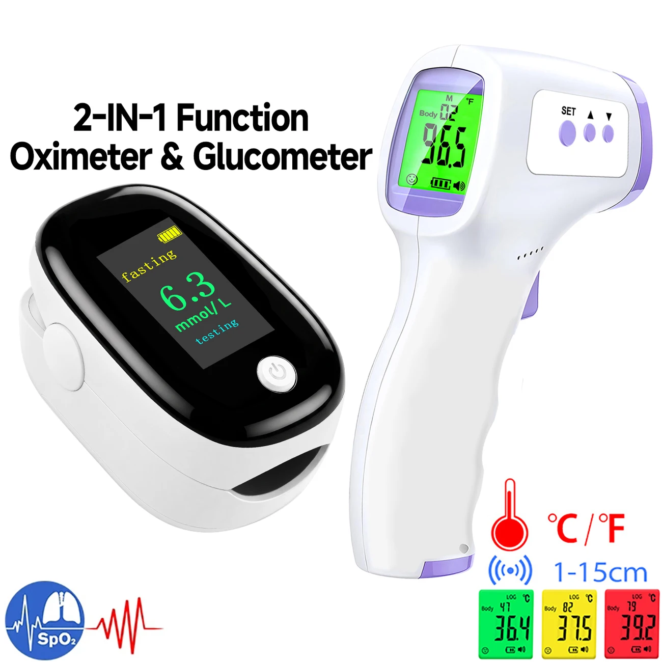 Infrared Body Thermometer Non-contact Fever Measure Meter OR Fingertip 2-IN-1 No Need Prick Glucometer & Pulse Oximeter Kit