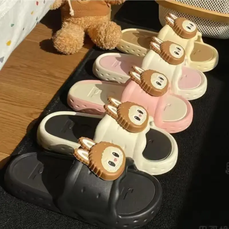 

2025 Cute Labubu Slippers Summer Thick Sole Couple Slipper Women Household Anti Slip Sandals Kawaii Cartoon Breathable Slides