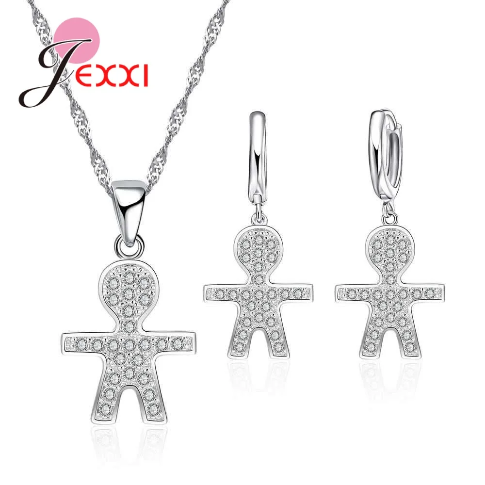 

Girls Daily Decorations Cute Figures Shape Necklace Earrings Sets With Small Crystals 925 Sterling Silver Color Jewelry Sets