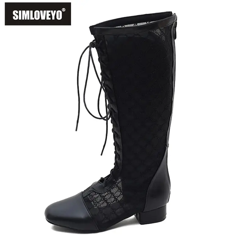 

SIMLOVEYO 2025 Женские летние ботинки с квадратным носком на низком каблуке 3 см на молнии со шнуровкой и дышащей сеткой размера плюс 45 46 До колена для свиданий Bota