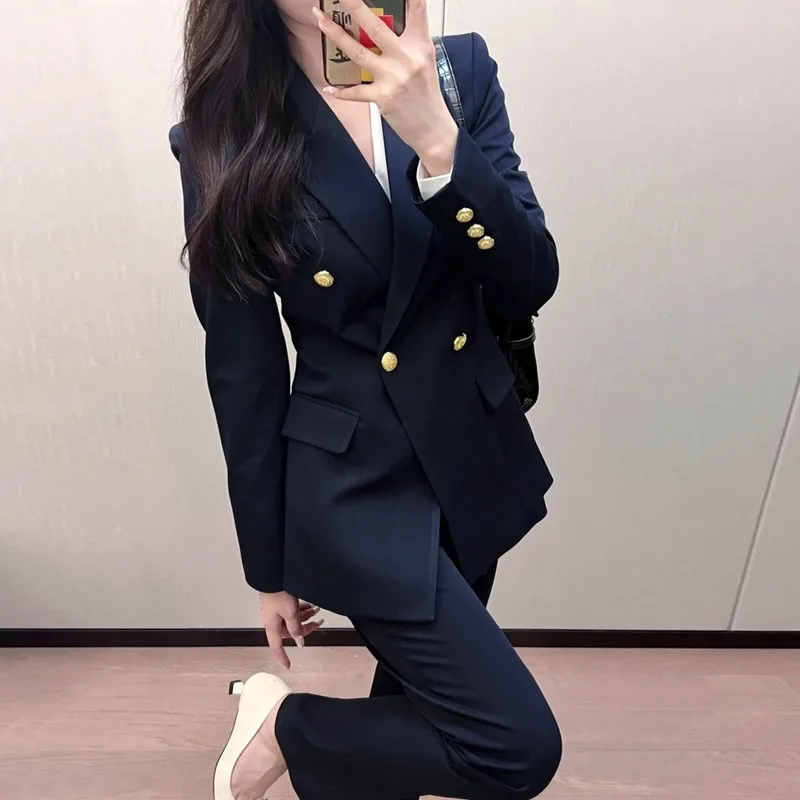 Elegant Business Office 2 PCS Set Female Slim Blazer Outfits Sets 2026 Women's Lapel Button Coat Jacket + Pencil Pants Suit Sets