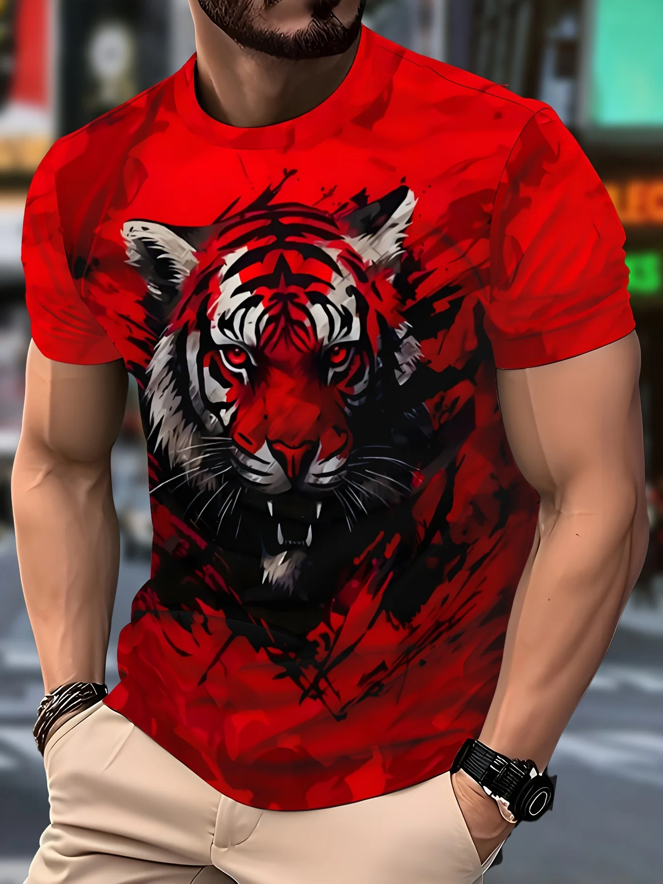 Men's Splash Ink Red Tiger Print T-Shirt Casual O-Neck Short Sleeve Bold Animal Graphic Tee Streetwear Tops