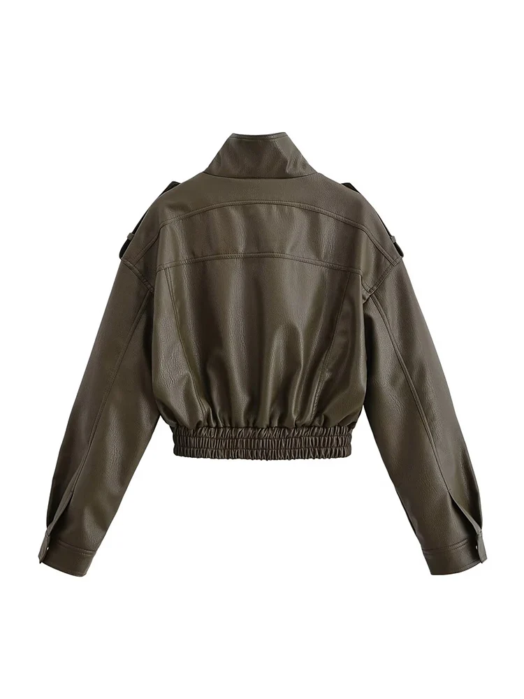 Europejska moda damska, uniwersalna, elegancka, błyszcząca kurtka z imitacji skóry, stójka, długi rękaw, krótka.