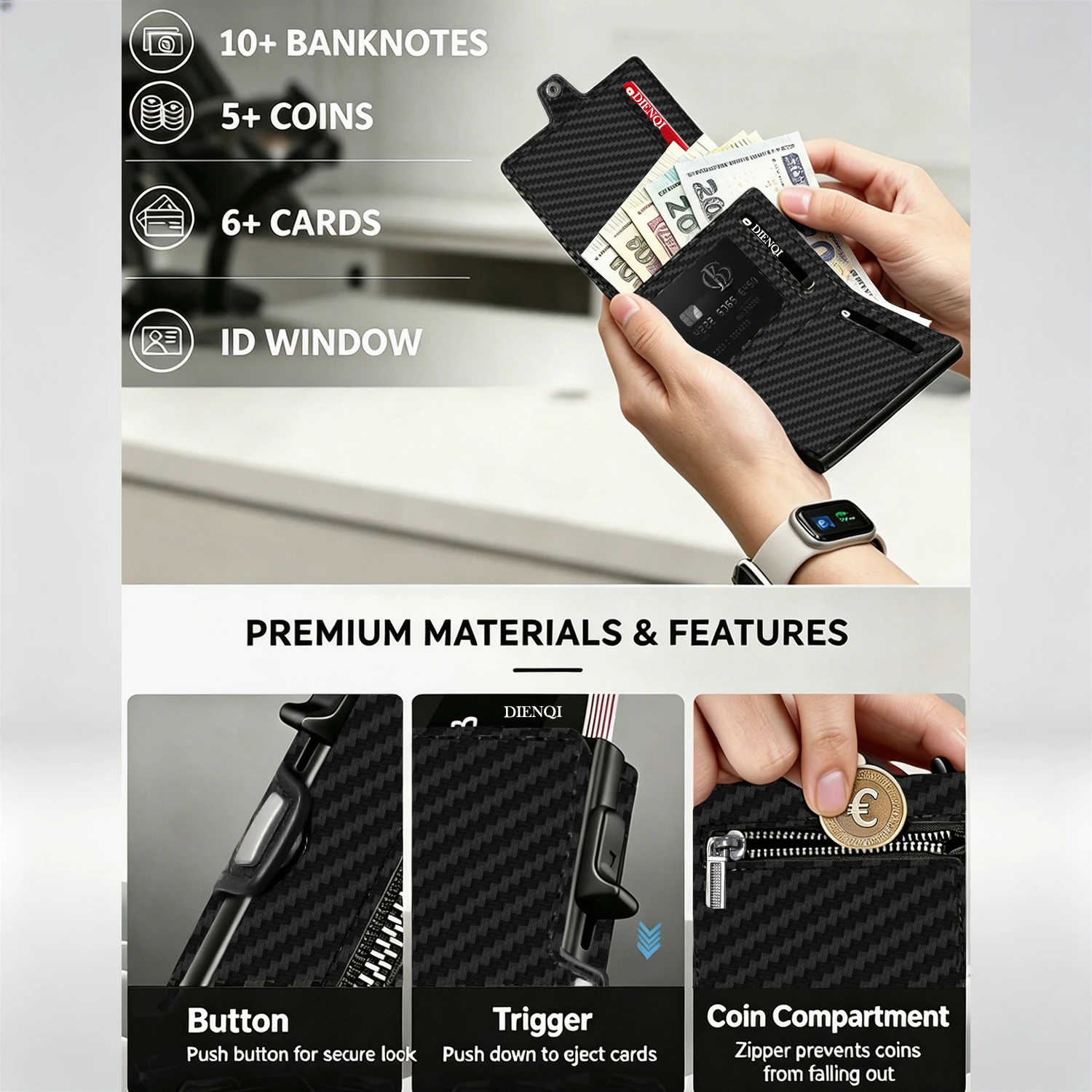 RFID Men's Credit Card Holder Pop Up Wallet Carbon Fiber Id Bank Card Case Cash Coin Purse Front Pocket Small Cardholder for Men
