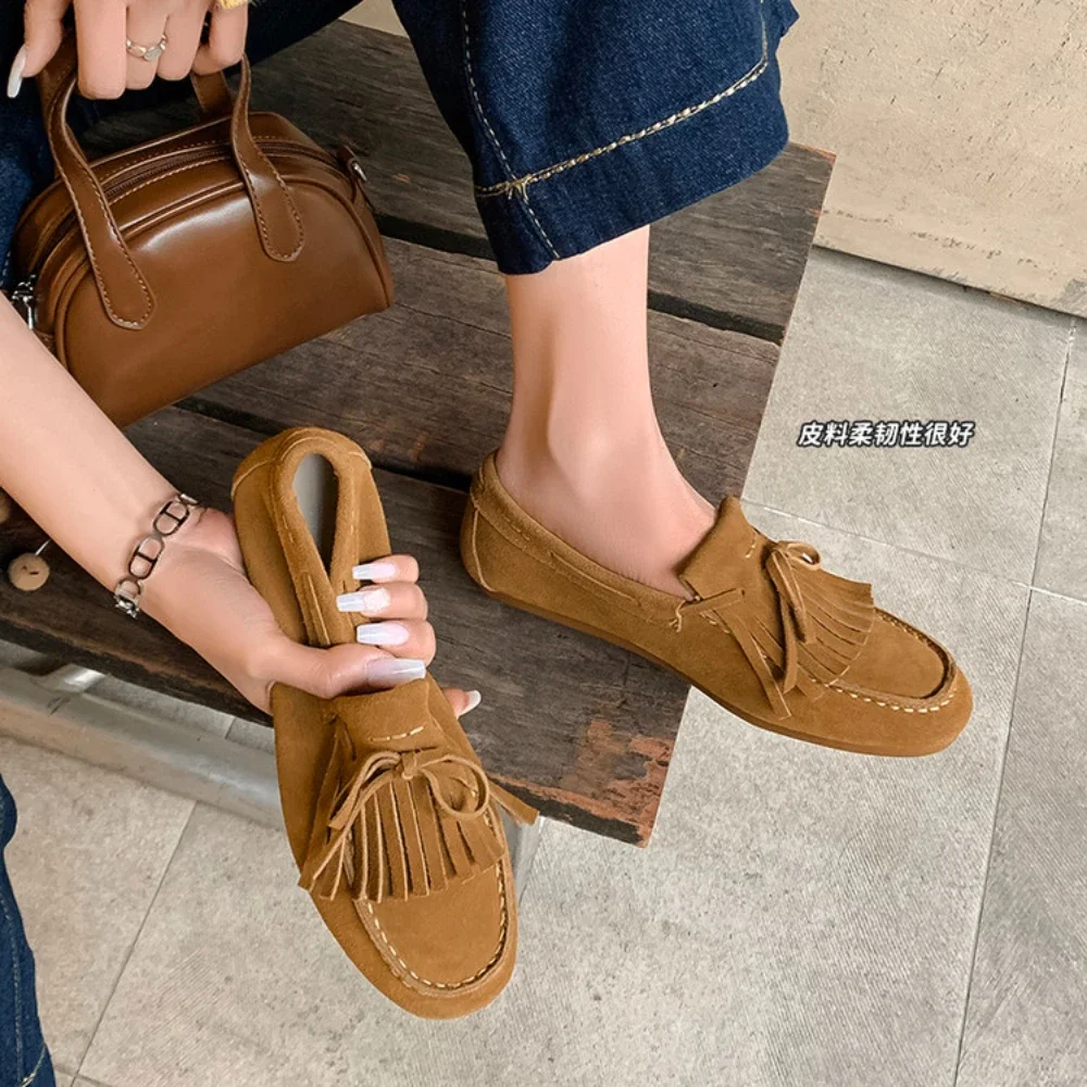 Spring and summer suede flat sole single shoes for women round toe tassel hiking shoes for women casual shoes moccasin-gommino