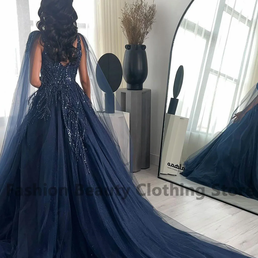 Luxury Prom Dress A-Line Cloak Sleeves Square Neck Tank Dark Navy Blue Prom Gowns for Women Sequined Applique Formal Party Dress