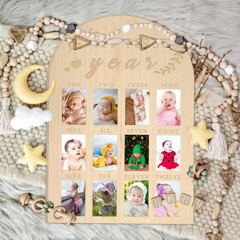 Unisex Toddler Memory Book Photo Display Memory Book Wood Board Toddler First Year Photo Frame Milestone Board For Toddler