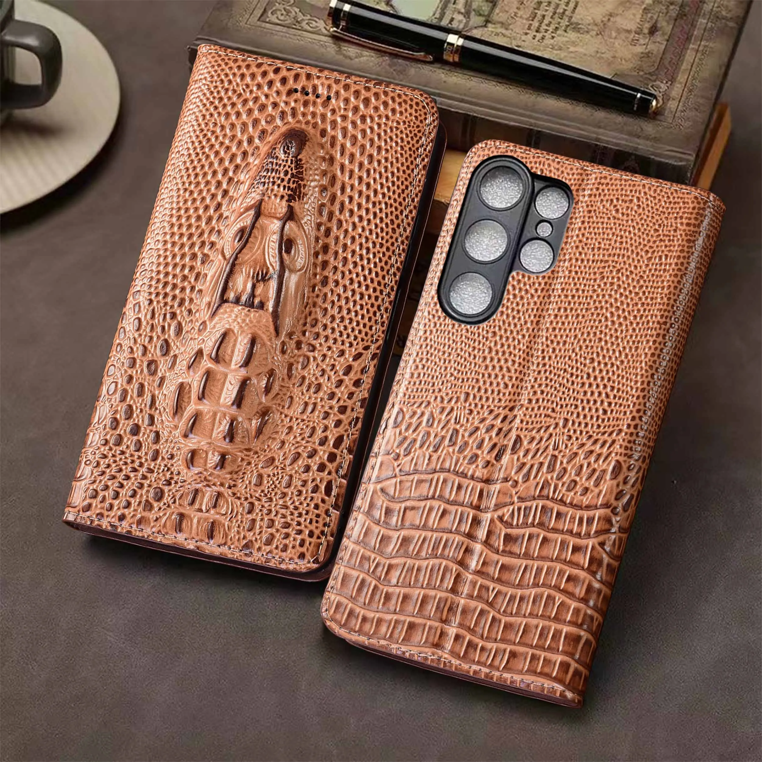 Per Samsung Galaxy S21 S22 S23 S24 S25 Edge Plus Ultra FE Modello testa di coccodrillo di custodia per telefono in vera pelle di vacchetta