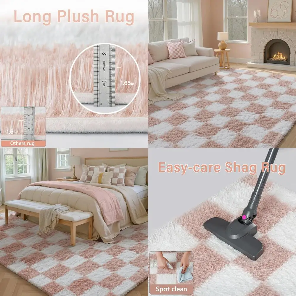 

6x9 Pink & White Checkered Shag Rug, Washable Non-Slip, Soft & Fluffy for Living Room & Bedroom Decor