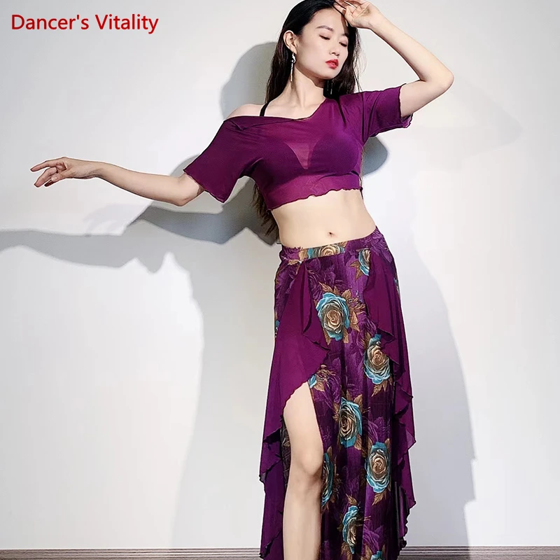 

Belly Dance Practice Clothes for Women Belly Dance Suit Mesh Short Sleeves Top+printing Long Skirt Female Oriental Dance Outfit