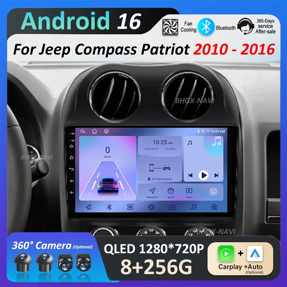 Reproductor Multimedia para Auto con GPS, Navegación, Android 16, 4G, Bluetooth, WiFi, DSP y Estéreo para Jeep Compass Patriot 2010-2016